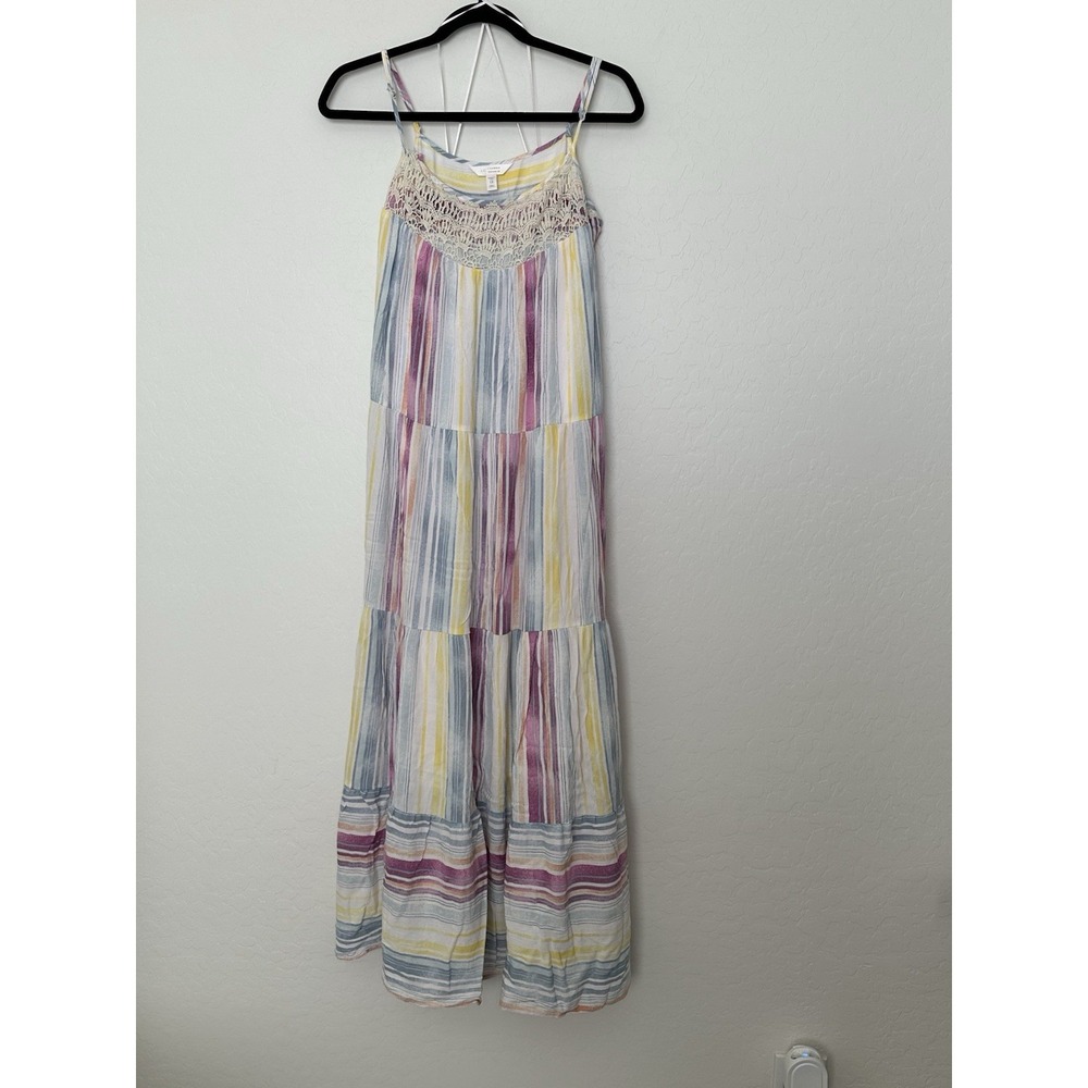 Lauren Conrad Maxi Dress 1X Watercolor Lacey Yoke Tiered Lined Dainty Sweet Boho